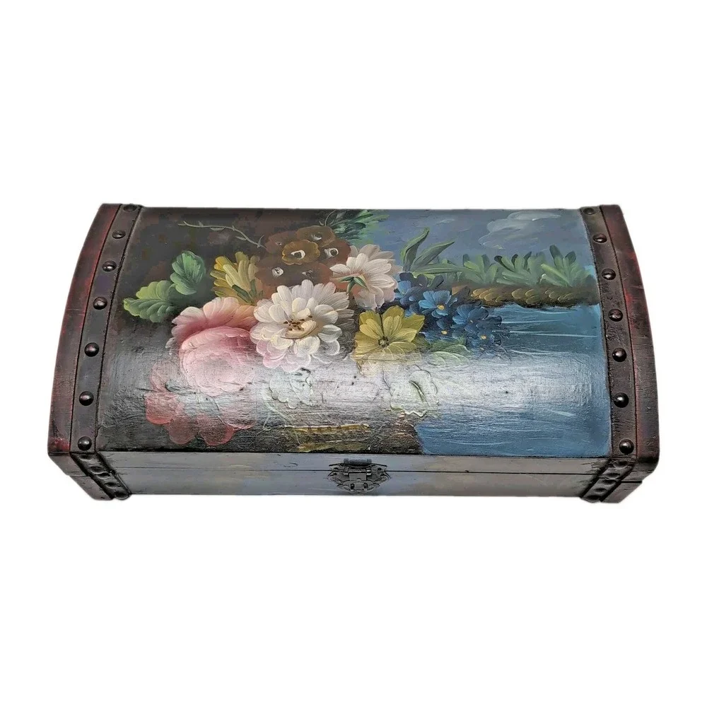 Vtg Hand-Painted Wooden Trinket/Jewelry Box Floral Design Humpback Lid Lined